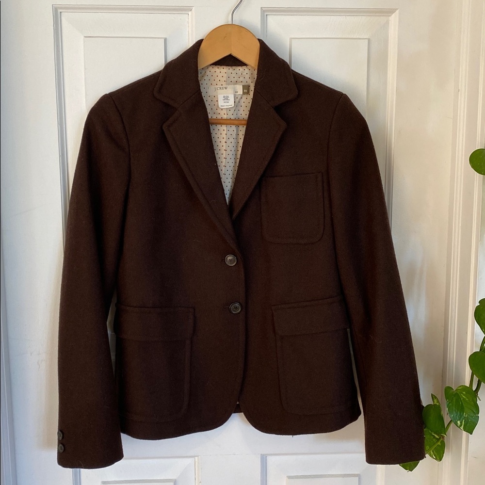 J. Crew Wool Chocolate Brown Blazer with Polka Dot Lining Vintage Classic
